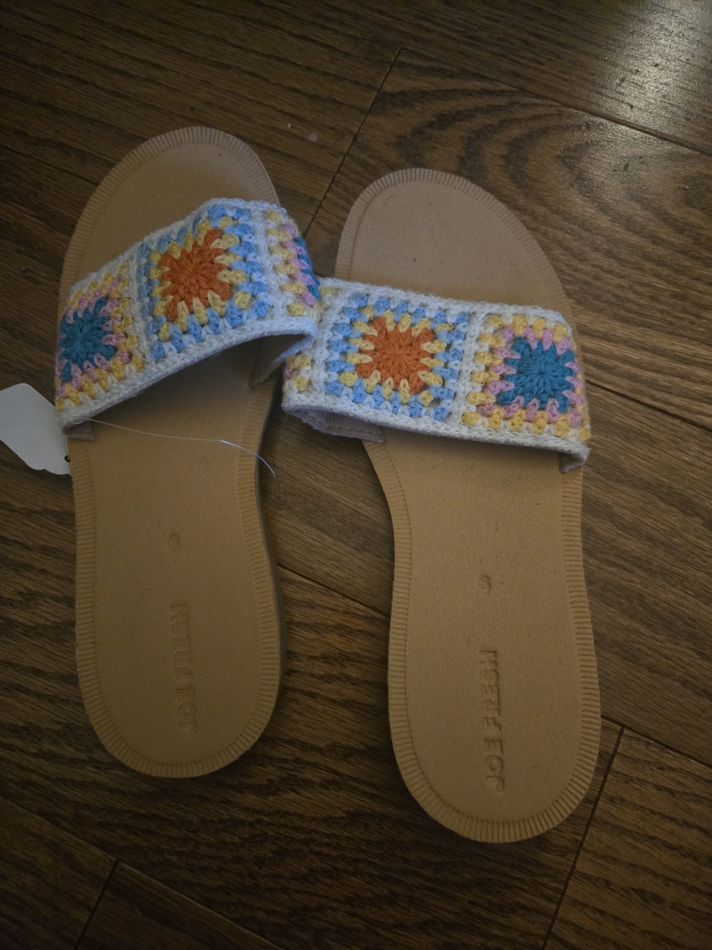 Joe Fresh Crochet Strap Slide Sandals in Tan and Multicolor